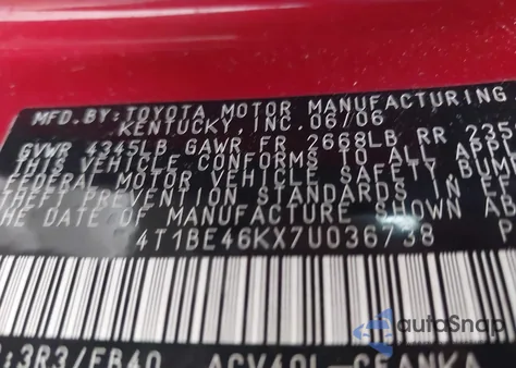 2007 Toyota Camry Le из США, поврежденный, VIN 4T1BE46KX7U036738